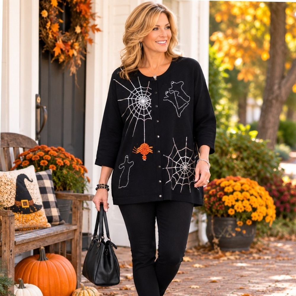 Onque Casuals Halloween Cardigan Womens L Black Rhinestone Sequin Spider Ghost